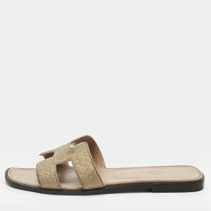 Pre Owned Hermes Beige Crystal-Suede Oran Flat Slide Size 39