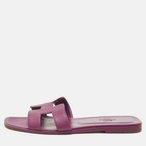 Pre Owned Hermes Purple Leather Oran Flat Slides Size 38