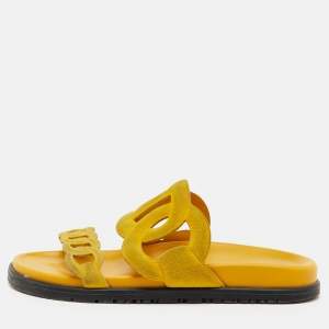 Pre Owned Hermes Yellow Suede Extra Flat Slide Sandals Size 37