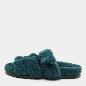 Pre Owned Hermès Teal Green Shearling Fur Chypre Flat Sandals Size 38
