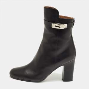 Pre Owned Hermes Black Leather Saint Germain Block Heel Ankle Boots Size 38.5