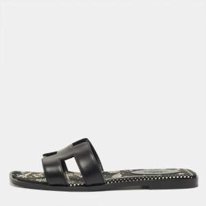 Pre Owned Hermes Black Leather Oran Flat Slides Size 36.5