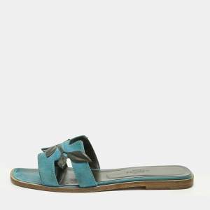 Pre Owned Hermes Blue/Green Leather and Suede Oran Laurier Sandals Size 36.5