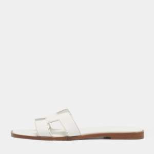 Pre Owned Hermès White Leather Oran Flat Slide Size 37