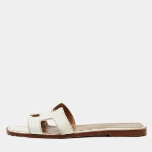 مملوكة مسبقًا Hermes White Leather Oran Flat Slide Sandals Size 39