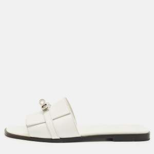 Pre Owned Hermes White Leather Giulia Flat Slides Size 41
