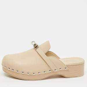 Pre Owned Hermes Beige Leather Carlotta Clogs Size 36
