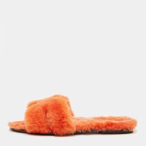 Pre Owned Hermes Orange Shearling Fur Oran Flat Slides Size 39.5