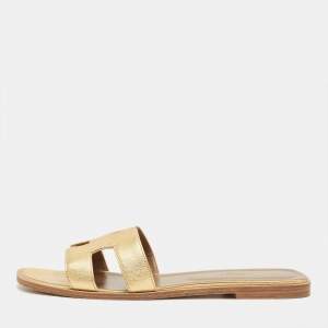 مملوكة مسبقًا Hermes Oran Size 42 Gold Leather Flat Slide Sandals