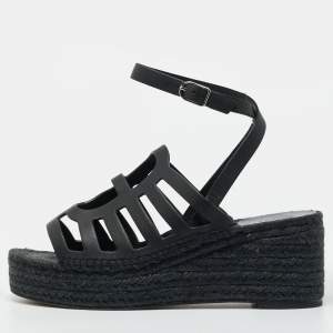 Pre Owned Hermes Catalya Size 38 Black Leather Espadrille Wedge Ankle Strap Sandals