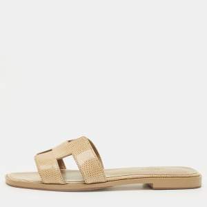 Pre Owned Hermès Oran Size 38 Beige Lizard Leather Flat Slides 