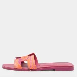 Pre Owned Hermes Oran Size 37 Orange/Purple Canvas Flat Slides