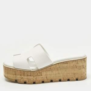 مملوكة مسبقًا Hermes Eze Size 40 White Leather Wedge Sandals