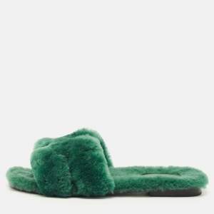 Pre Owned Hermès Oran Size 39 Green Vert Anglais Shearling Flat Slides 