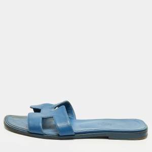 Pre Owned Hermes Oran Size 37 Blue Leather Flat Slide