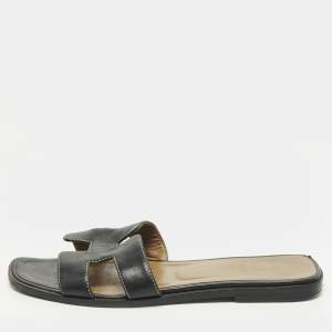 Pre Owned Hermes Oran Size 37 Black Leather Flat Slide