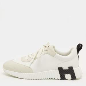 مملوكة مسبقًا Hermes Bouncing Size 37.5 White/Grey Leather and Suede Lace Up Sneakers