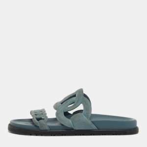مملوكة مسبقًا Hermes Extra Size 37 Blue Suede Flat Sandals
