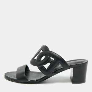 Pre Owned Hermes Bikini Size 38 Black Leather Slide Sandals