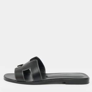 Pre Owned Hermes Oran Size 37 Black Leather Flat Slides