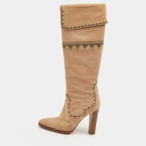 مملوكة مسبقًا Hermes Size 36.5 Beige Nubuck Leather Embroidered Knee Length Boots
