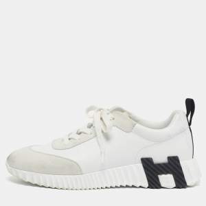 Pre Owned Hermes Bouncing Size 39 White/Grey Leather and Suede Lace Up Sneakers
