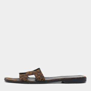 مملوكة مسبقًا Hermes Oran Size 39 Brown/Black Leopard Print Suede Flat Slide