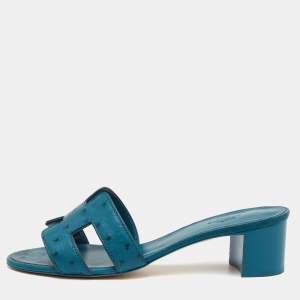Pre Owned Hermes Oasis Size 37 Blue Ostrich Leather Slide Sandals