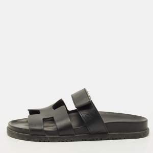 مملوكة مسبقًا Hermes Chypre Size 38 Black Leather Slide Sandals