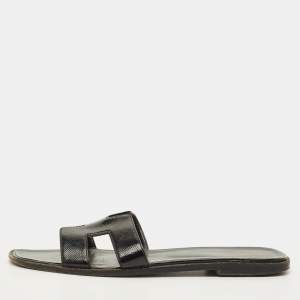 Pre Owned Hermes Oran Size 40.5 Black Saffiano Leather Flat Slide