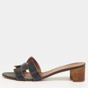 Pre Owned Hermes Oasis Size 41 Black Leather Slide Sandals