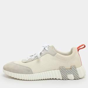 Pre Owned Hermes Bouncing Size 39 White/Grey Fabric and Suede Lace Up Sneakers