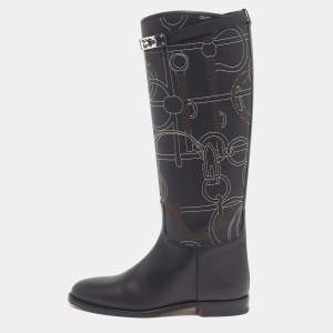 Pre Owned Hermes Jumping Size 38 Black Panoplie Equestre Embroidered Leather Knee Length Boots