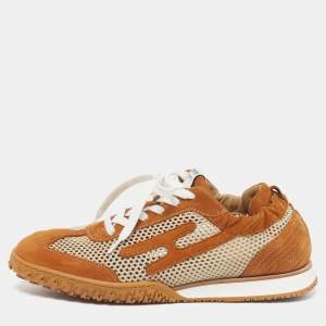 Pre Owned Hermes Jet Size 39 Brown/Beige Suede and Crochet Low Top Sneakers