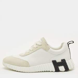 Pre Owned حذاء رياضي هيرمس بونسنج قماش محبوك وشمواه أبيض/رمادي فاتح مقاس 40.5