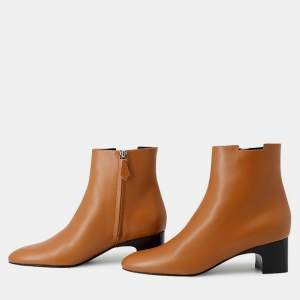 مملوكة مسبقًا Hermes Demarche Side Zip Short Boots Brown Leather Size 38