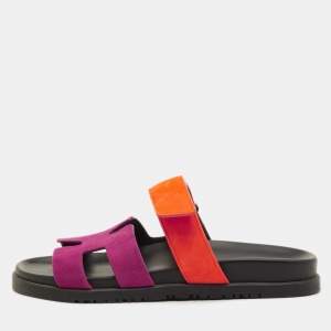 مملوكة مسبقًا Hermes Chypre Size 38.5 Pink/Orange Suede Flat Sandals