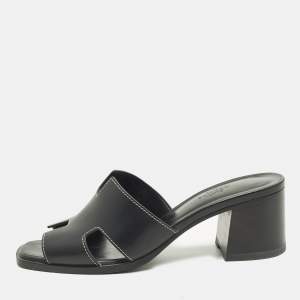 Pre Owned Hermes Helia Size 39 Black Leather Slide Sandals