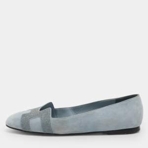 Pre Owned Hermes Nice Size 37.5 Light Blue Crystals and Suede Ballet Flats