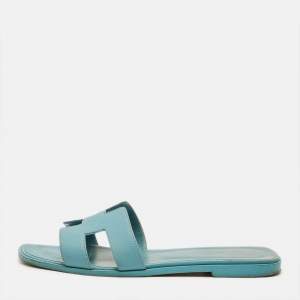 Pre Owned Hermes Oran Size 39.5 Blue Leather Flat Slides 
