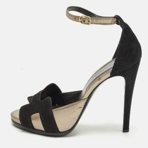 Pre Owned Hermes Premiere 70 Size 39 Black/Gold Leather and Suede Ankle Strap Sandals
