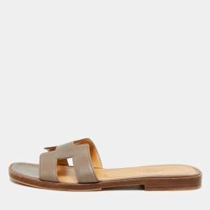 Pre Owned Hermes Oran Size 36 Brown Leather Flat Slides