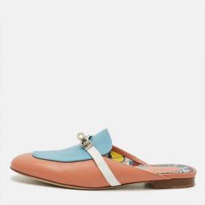Pre Owned Hermes Oz Size 39 Tricolor Leather Flat Mules