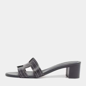 مملوكة مسبقًا Hermes Oasis Size 39.5 Black Leather Slide Sandals