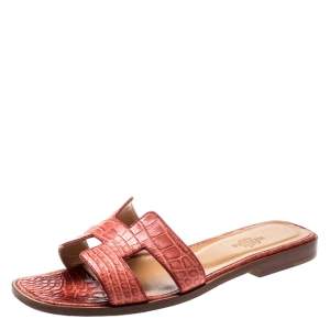 Hermes Pink Croc Leather Oran Flat Sandals Size 37