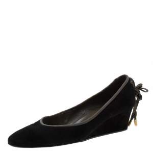 Hermes Black Suede Bow Detail Wedge Pumps Size 39