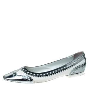Hermès Silver/White Brogue Leather Ballet Flats Size 41