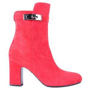 Hermes Red Suede Leather Joueuse Ankle Boots Size 35