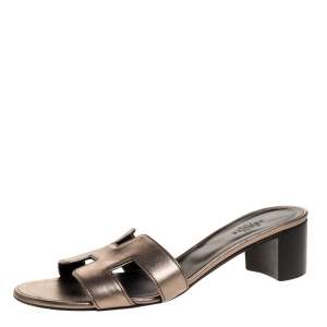 Hermes Metallic Bronze Leather Oasis Slide Sandals Size 37.5