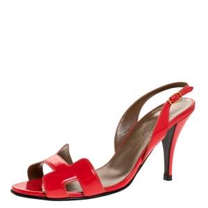 Hermes Dark Orange Patent Leather Night Slingback Sandals Size 39